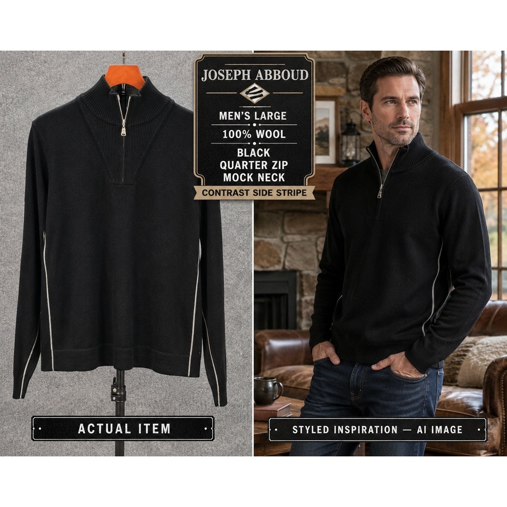 Joseph Abboud Sweater Mens 1/4 Zip 100% Wool Mock Neck Black L Excellent Luxe